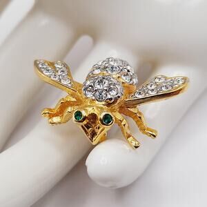 Vintage 1990s Joan Rivers Bee Brooch – Clear Pave Rhinestones, Green Eyes, Pin